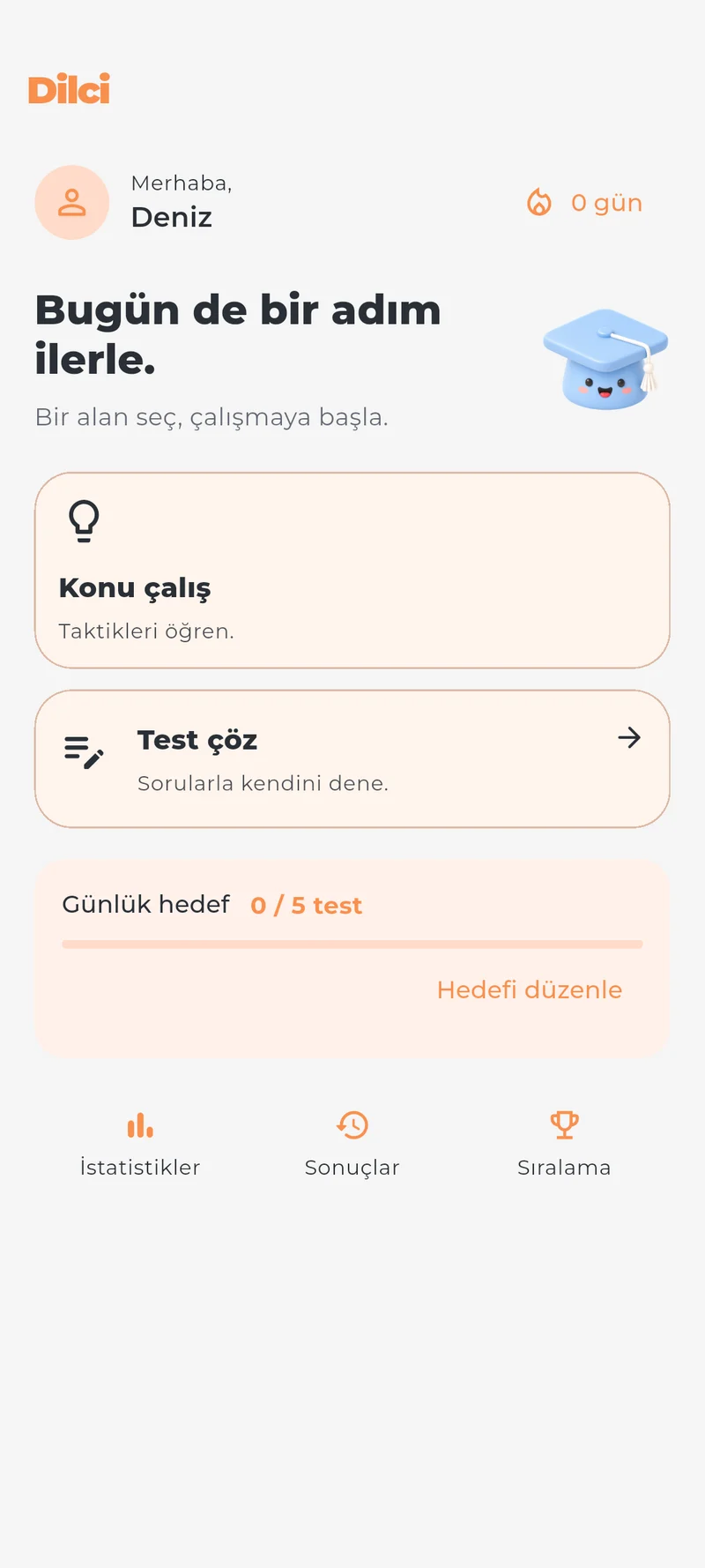 Dilci home screen with a daily goal and study areas