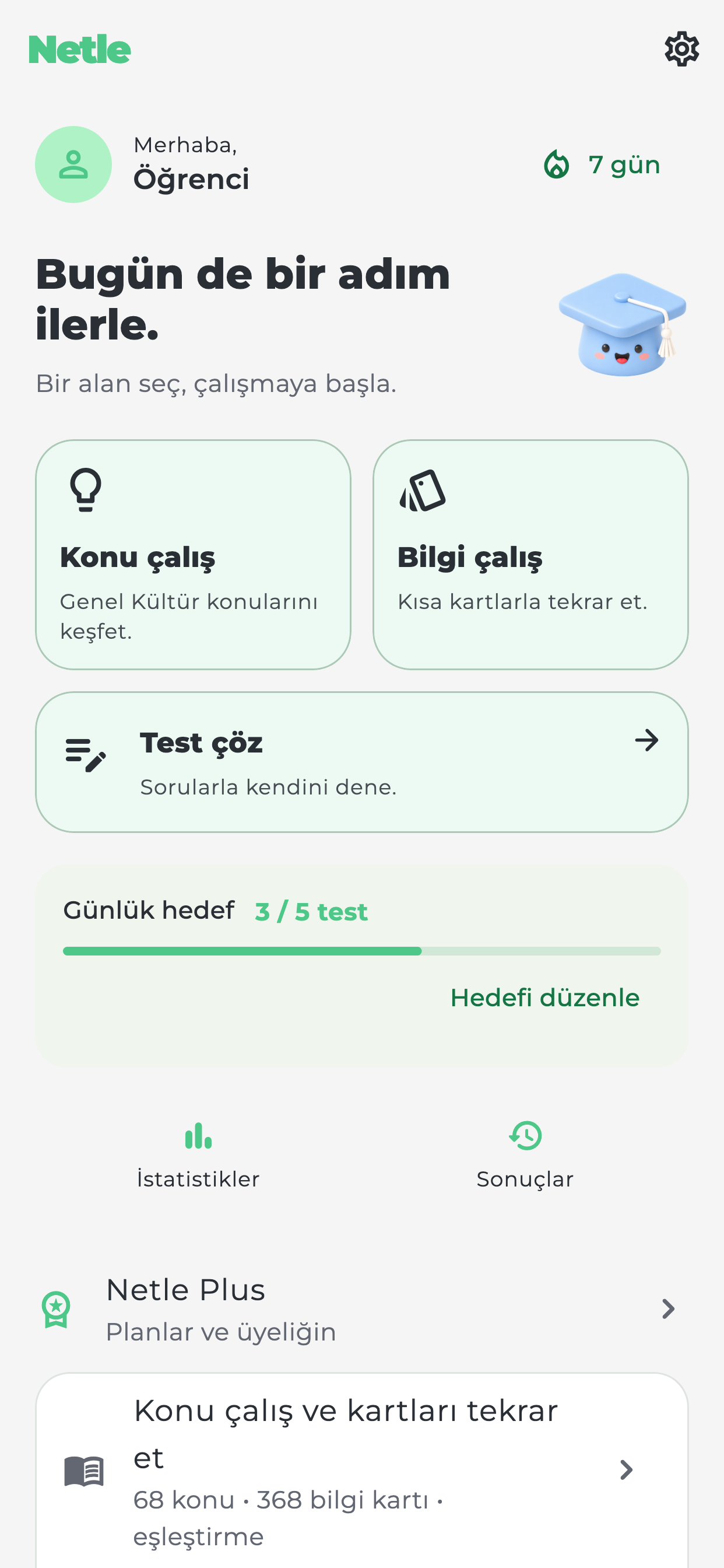 Netle home screen with study topics, flashcards, practice tests and a daily goal