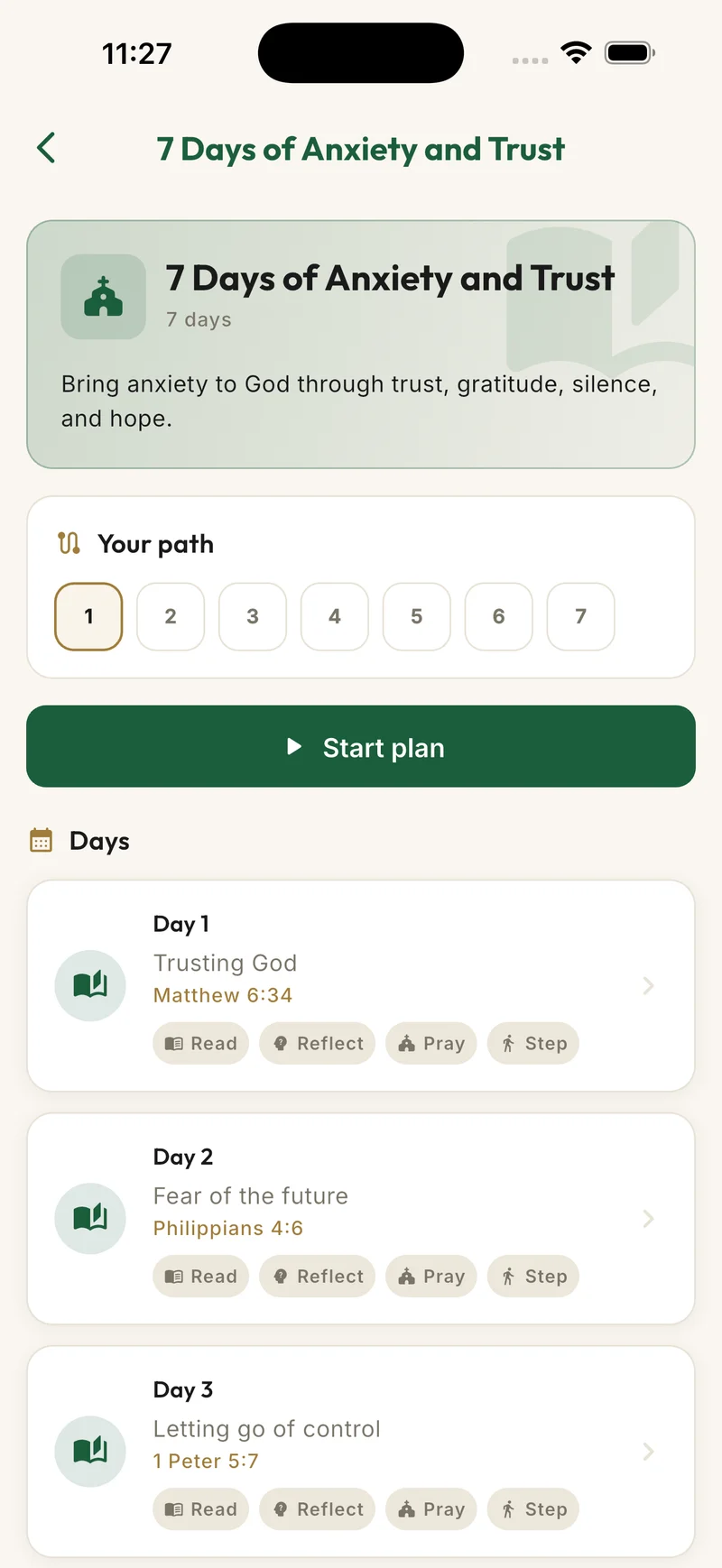The daily steps of a seven-day guided plan in SpiritPal